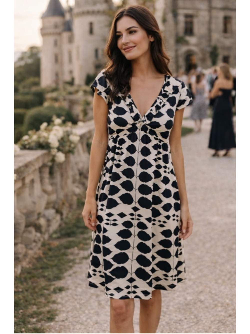 Charlotte Russe Knee Length Dress Black Cream Leaf Ruffle Parisian Quiet Luxury